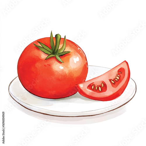 A ripe red tomato and a slice of tomato on a white plate.