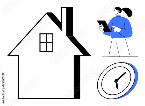 House outline, woman holding tablet, and clock. Ideal for real estate, property management, time management, home automation, construction, project planning simple landing page