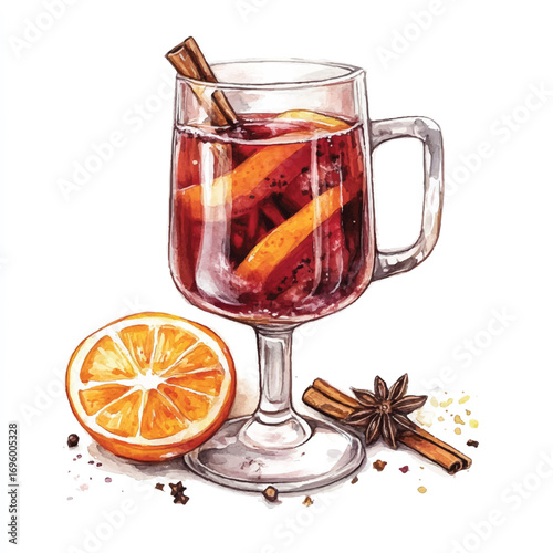 A warm glass of mulled red wine with orange and spices.