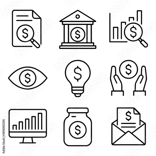 A collection of line art icons representing financial concepts such as banking, investment, and economic analysis.