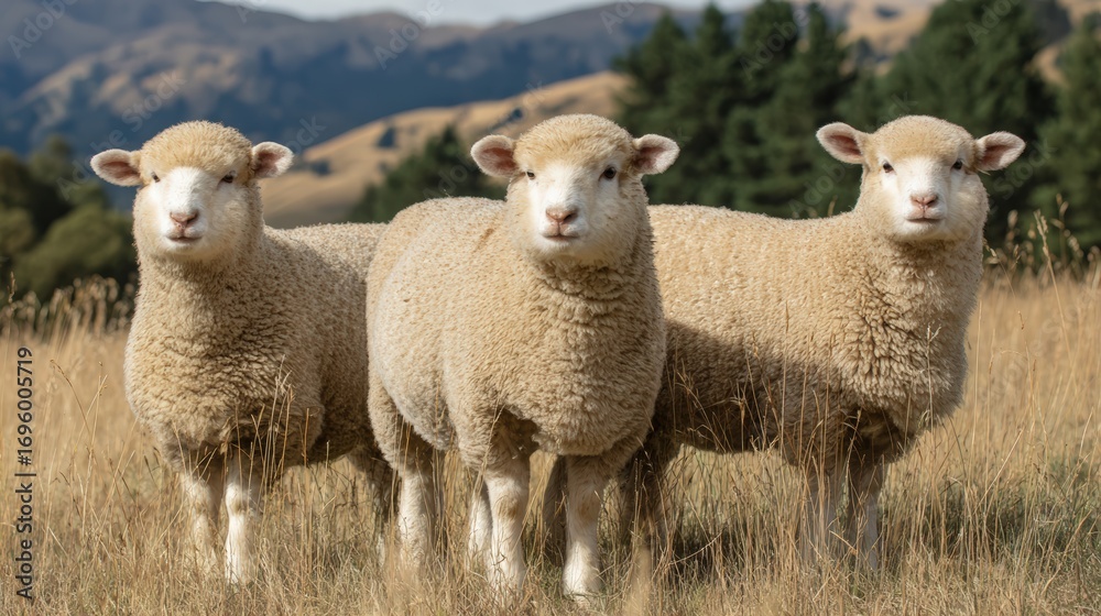 Obraz premium Three farm sheep standing calmly in a grassy field with rolling hills and trees in the background du daytime