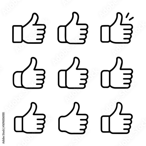 A collection of nine simple line-art thumbs-up icons, varying slightly in style.