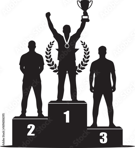 Create Top 3 winners silhouette standing on podium icon vector illustration. Champion of competition celebrate victory.