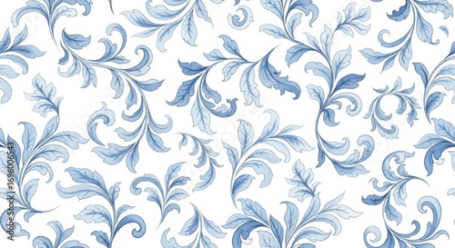 Elegant Floral Pattern in Blue: A seamless botanical design, a display of exquisite floral elegance. The leaves and vines cascade across a blank canvas in graceful symmetry and delicate strokes.