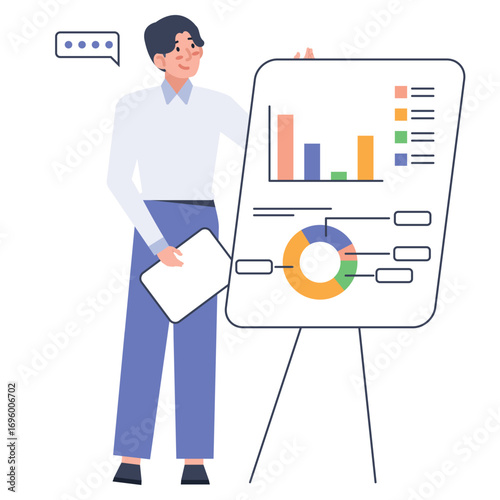 Professional man presenting business strategy with engaging charts on a modern whiteboard for success
