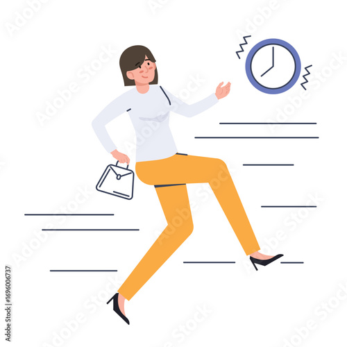 Businesswoman running late for deadline with briefcase in hand and clock showing time pressure