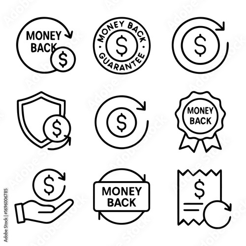 Nine minimalist line icons illustrating various money-back guarantee symbols and concepts.