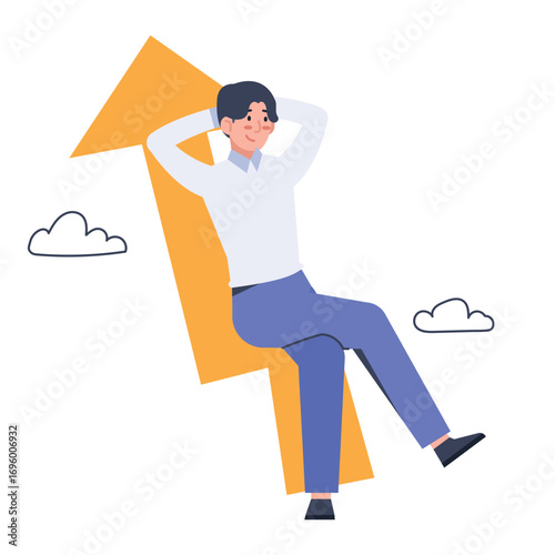 Confident businessman sits on an upward arrow, dreaming of success and growth, with clouds in background