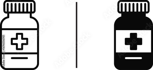 Pharmacy Icons: Featuring a black and white icon style depiction of a medicine bottle with the symbolic representation of health and medicine.