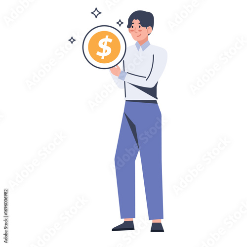 Happy entrepreneur holding dollar coin showing financial success and business growth opportunity
