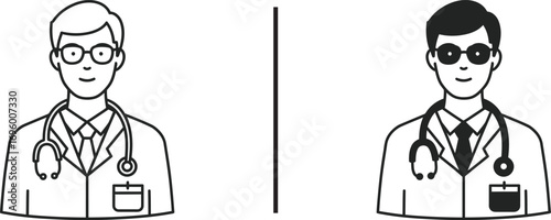 Healthcare Professional Duo: Minimalist illustration depicting two healthcare professionals, each with a stethoscope, exuding professionalism. Perfect for medical themes.