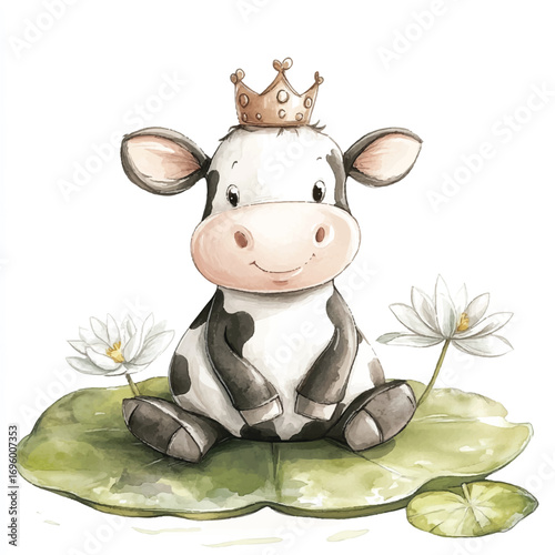 Adorable watercolor baby cow with a gold crown sitting peacefully.