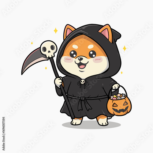 Cute cartoon dog dressed as the Grim Reaper, holding a scythe and Halloween candy.