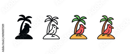 Vector icon island with exotic birds same pose same proportions four styles black solid glyph outline minimal flat multicolor filled cartoon flat shaded.