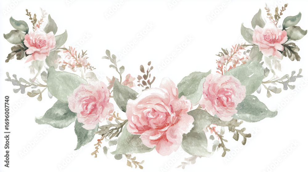 Obraz premium Delicate watercolor floral wreath featuring pink roses, softly illuminated with elegant composition.