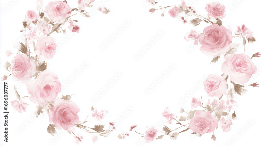 Obraz premium Delicate watercolor floral wreath featuring pink roses, softly illuminated with elegant composition.