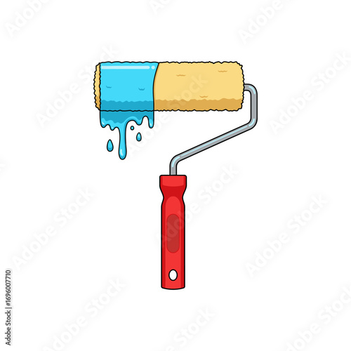 Paint roller with blue paint dripping, ready for use.