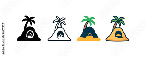 Vector icon island with treasure cave same pose same proportions four styles black solid glyph outline minimal flat multicolor filled cartoon flat shaded.