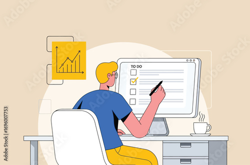 Man working on computer with to do list and chart, isolated on white background