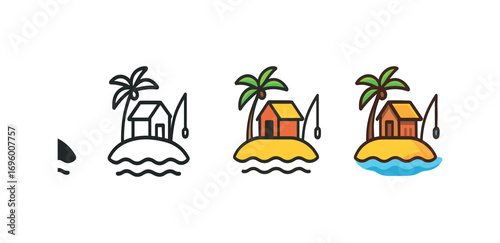 Vector icon island with fishing hut same pose same proportions four styles black solid glyph outline minimal flat multicolor filled cartoon flat shaded.
