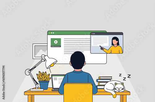Man learning online at home with cat sleeping on desk near laptop and lamp