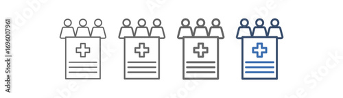 
outline icon set of clinical trials with document design, plus sign and three people