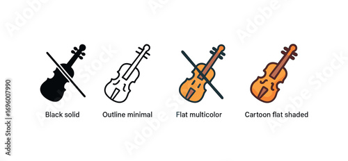 Vector icon violin school same pose same proportions four styles black solid glyph outline minimal flat multicolor filled cartoon flat shaded.