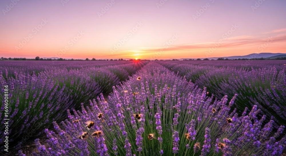 Naklejka premium Captivating lavender field at golden hour displaying floral beauty under the soft dawn glow
