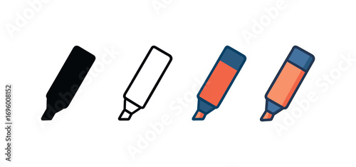 Vector icon whiteboard marker same pose same proportions four styles black solid glyph outline minimal flat multicolor filled cartoon flat shaded.