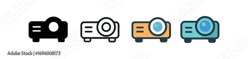 Vector icon projector same pose same proportions four styles black solid glyph outline minimal flat multicolor filled cartoon flat shaded.