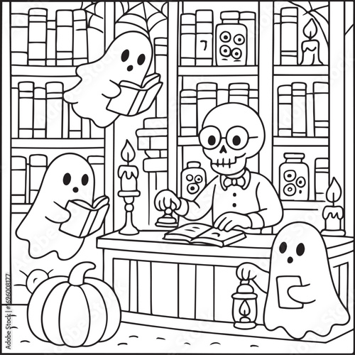 Halloween spooky cuties coloring pages for teens and adults. Black and white coloring pages for Amazon KDP with color in this image.