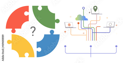 Wallpaper Mural Four puzzle pieces forming a circle with a question mark, linked devices via cloud, lines, and nodes. Ideal for problem-solving, technology, networking, teamwork, brainstorming digital connectivity Torontodigital.ca