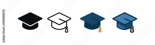 Vector icon graduation cap same pose same proportions four styles black solid glyph outline minimal flat multicolor filled cartoon flat shaded.