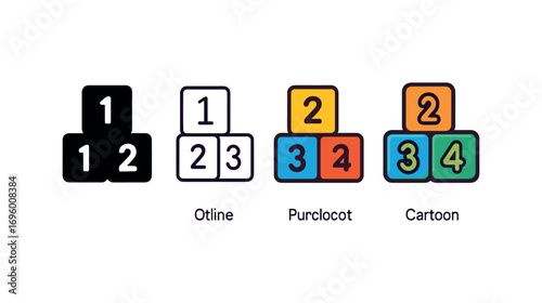 Vector icon numbers blocks same pose same proportions four styles black solid glyph outline minimal flat multicolor filled cartoon flat shaded.