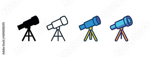 Vector icon telescope astronomy same pose same proportions four styles black solid glyph outline minimal flat multicolor filled cartoon flat shaded.