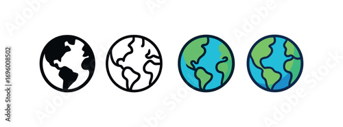 Vector icon globe geography same pose same proportions four styles black solid glyph outline minimal flat multicolor filled cartoon flat shaded.