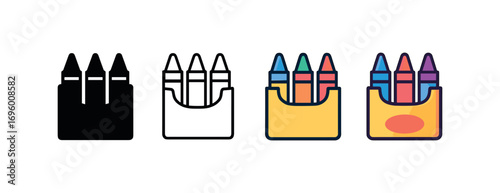 Vector icon crayons pack same pose same proportions four styles black solid glyph outline minimal flat multicolor filled cartoon flat shaded.