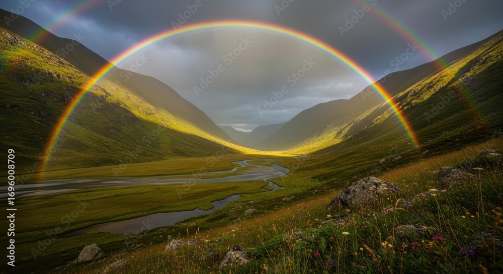 Obraz premium Rainbow over Mountain Valley Landscape