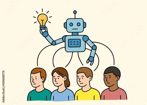 Robot innovation inspiring diverse children with bright idea bulb vector illustration