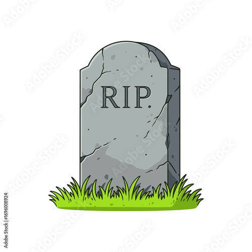Cartoon illustration of a grey tombstone with "RIP" inscription, set in grass.