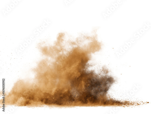 Brown dust explosion with particles scattering on black burst isolated on a transparent background