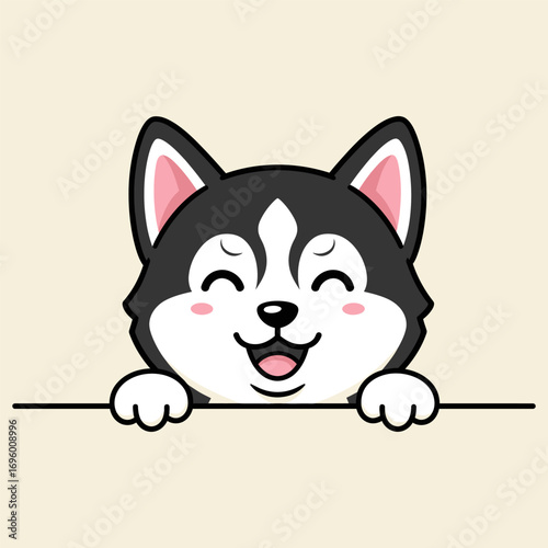 A cartoon husky puppy with black and white fur is smiling and peeking over a ledge.