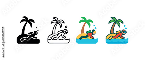 Vector icon island with scuba diver same pose same proportions four styles black solid glyph outline minimal flat multicolor filled cartoon flat shaded.