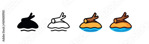 Vector icon island with driftwood same pose same proportions four styles black solid glyph outline minimal flat multicolor filled cartoon flat shaded.