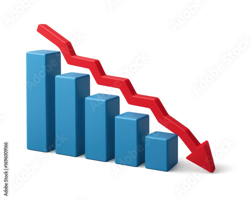 Blue bar graph shows declining trend red arrow points down indicating decrease