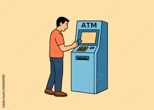 Man using an atm machine for banking transaction finance digital money withdrawal service