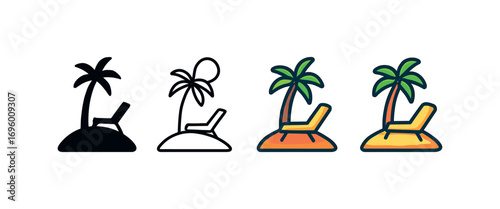 Vector icon island with sun loungers same pose same proportions four styles black solid glyph outline minimal flat multicolor filled cartoon flat shaded.