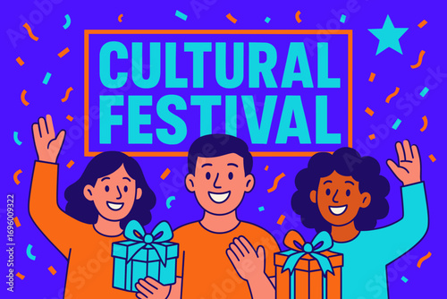 Cultural Festival banner flat vector illustration bold oversized text inside rectangular frame cartoon characters waving with gift boxes bright solid colors in neon purple vivid turquoise.
