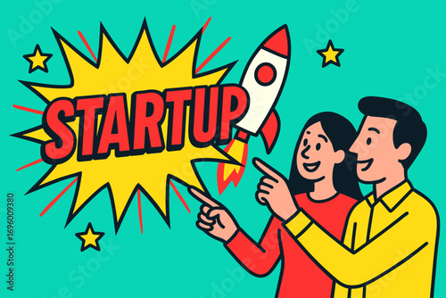 Startup Light banner flat vector illustration bold oversized text inside comic burst cartoon characters pointing at rocket bright solid colors in neon turquoise bright lime vivid red high.