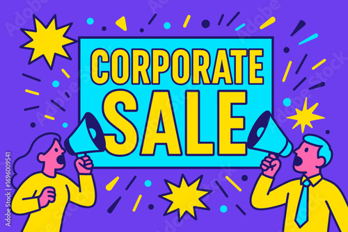 Corporate Sale banner flat vector illustration bold oversized text inside rectangular frame cartoon characters shouting with megaphone bright solid colors in neon purple vivid cyan sunshine.